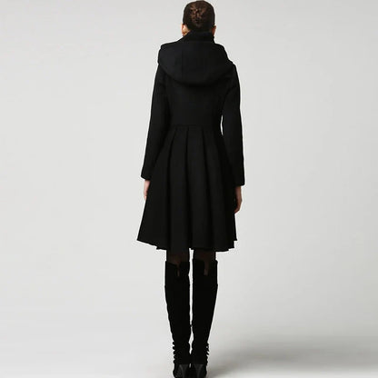 Damen Mantel Schwarz Asymmetrisch mit Stehkragen und Reißverschluss