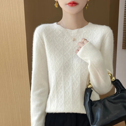 Women's crew-neck knitted sweater with diamond pattern long sleeves