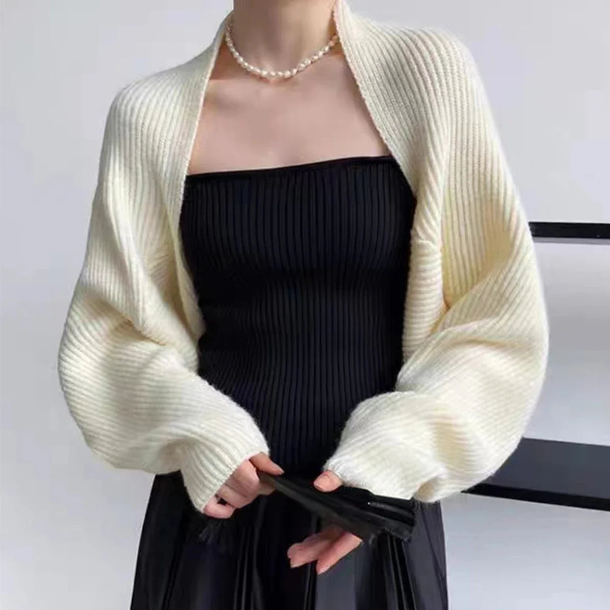 Women's knitted bolero shrug, ribbed knit, short-sleeve cropped top, off-shoulder
