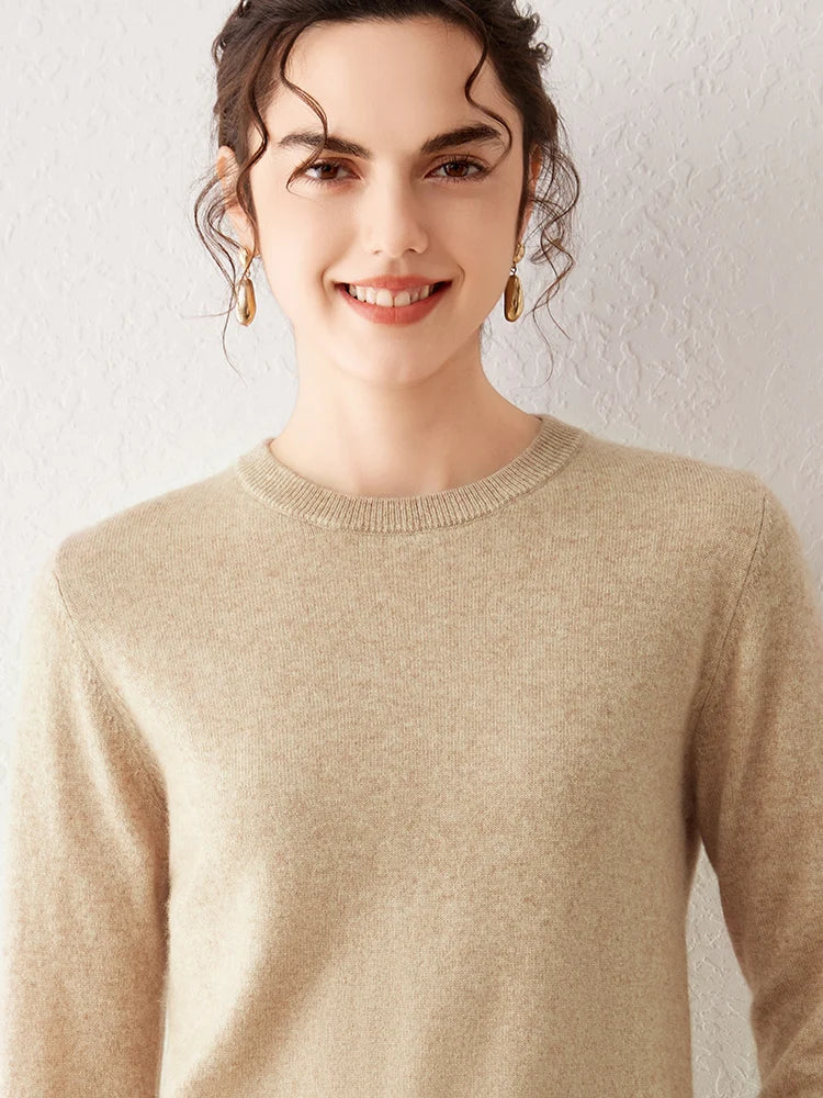Women's crew-neck long-sleeve basic knitted sweater, cozy pullover