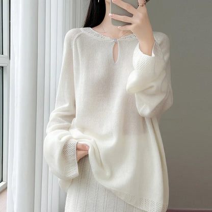Women's Long-Sleeve Crewneck Sweater with Eyelet-Pattern Details