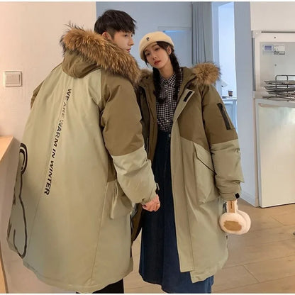 Unisex long winter parka with hood and fur trim, two-tone
