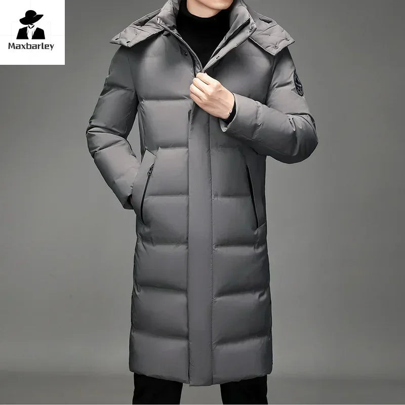 Men's long winter down coat, black and gray, with hood and fur trim, padded