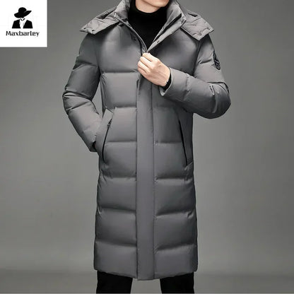 Men's long winter down coat, black and gray, with hood and fur trim, padded