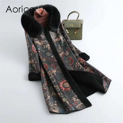 Women's Long Winter Coat with Fur Collar & Pattern Elegant Winter Jacket