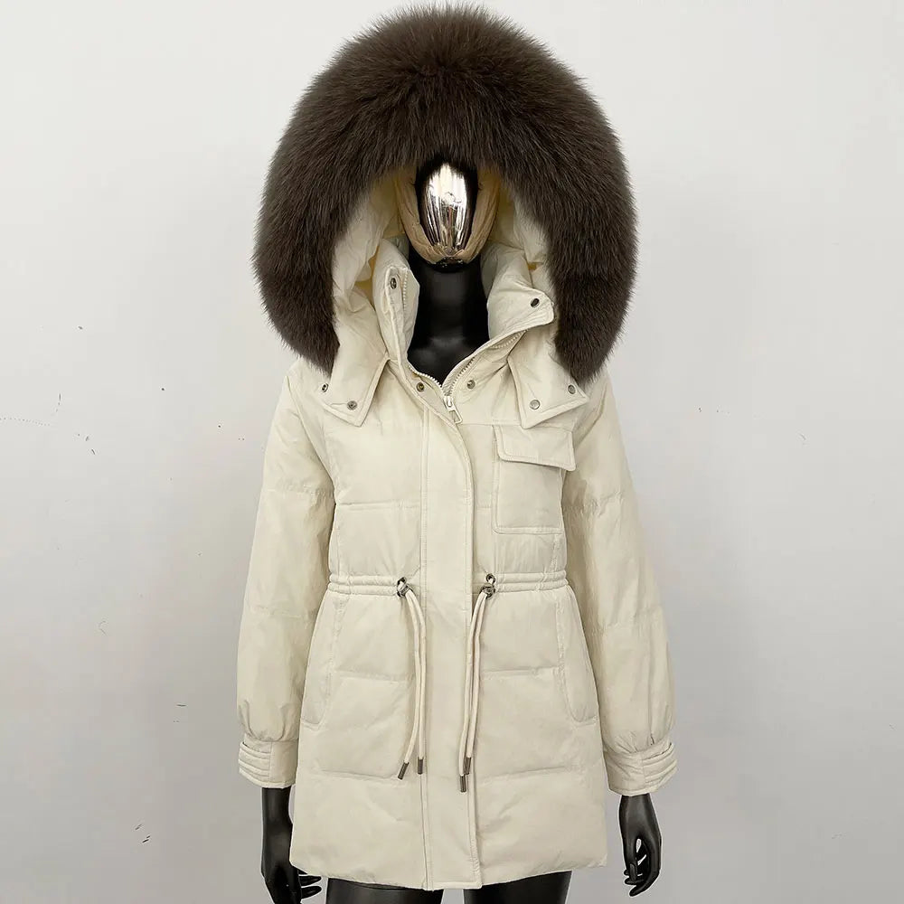 Women's winter parka jacket with fur hood and drawstring waist