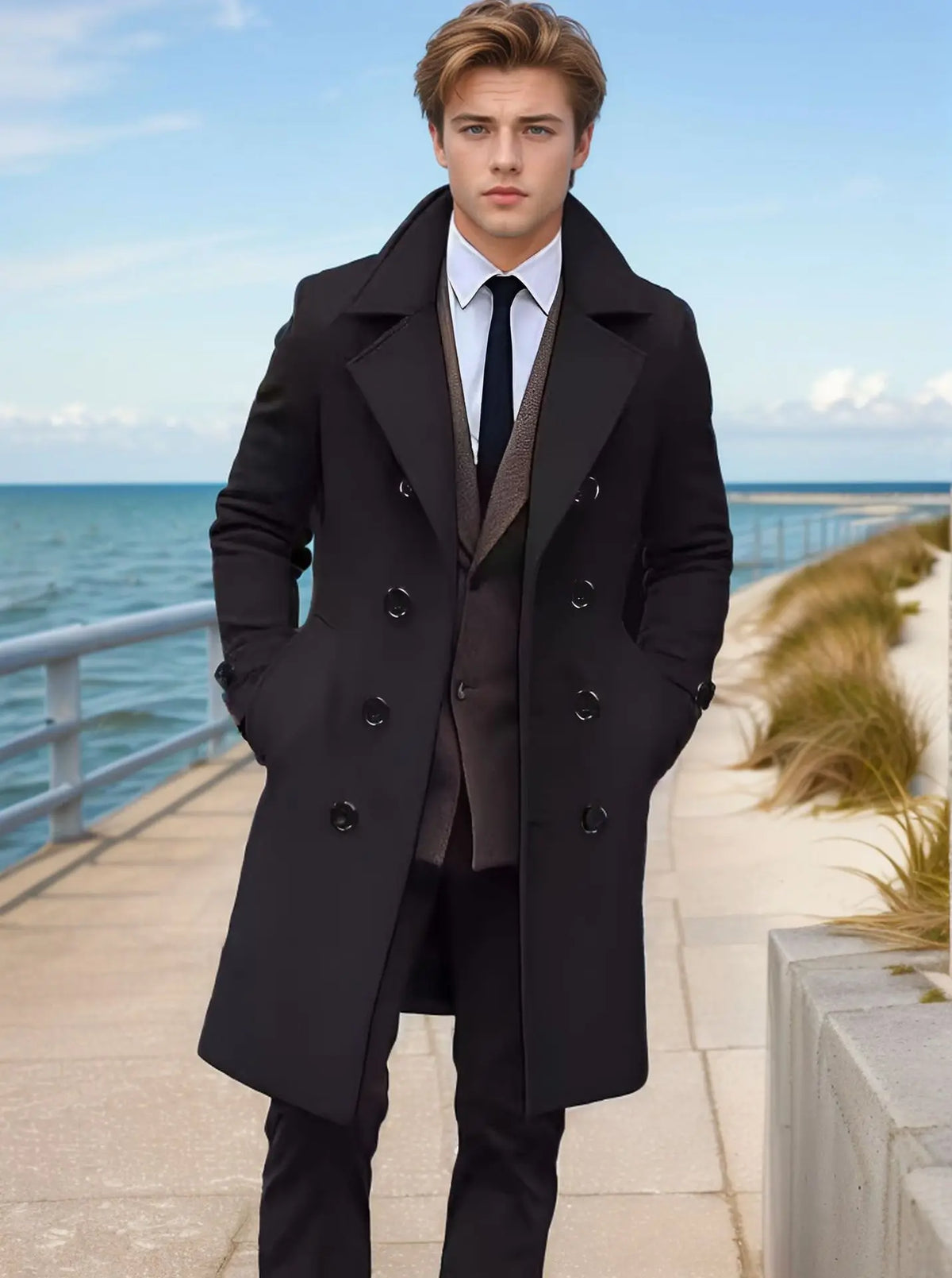 Herren Mantel Zweireiher Langer Trenchcoat Eleganter Wintermantel