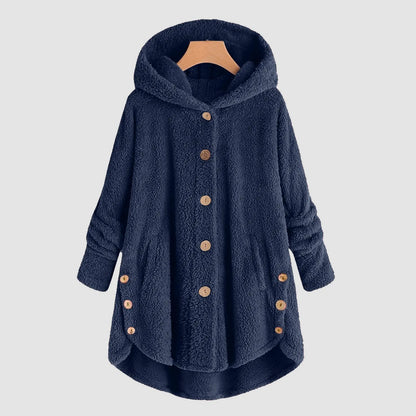 Damen Fleecejacke mit Kapuze Teddy-Optik Langarm Knopfleiste unregelmäßigem Saum