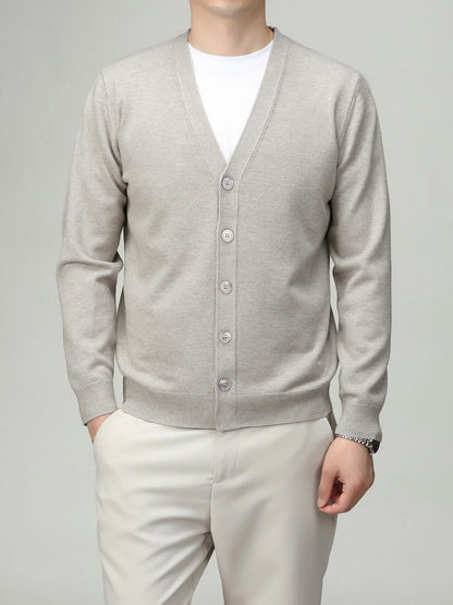 Men's V-neck cardigan with button placket, plain