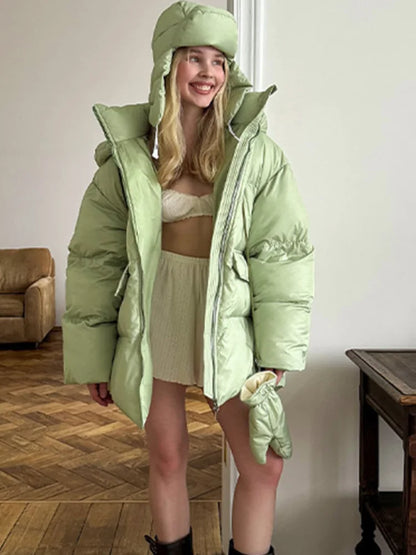 Damen Oversize Steppjacke mit Kapuze und Handschuhen
