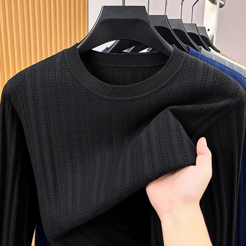 Men's Long-Sleeve Shirt Crew Neck Fine-Knit Ribbed Texture