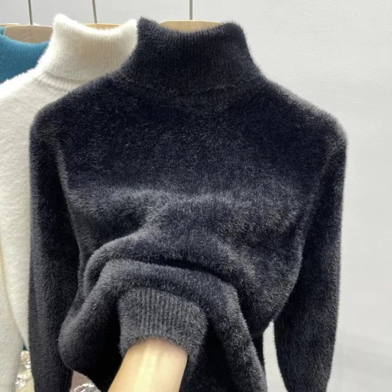 Soft women's turtleneck sweater long sleeves knitted sweater fuzzy sweater