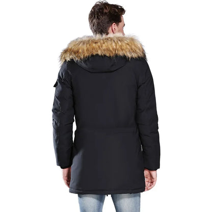 Herren Winterparka Schwarz mit Kapuze und Fellimitatbesatz