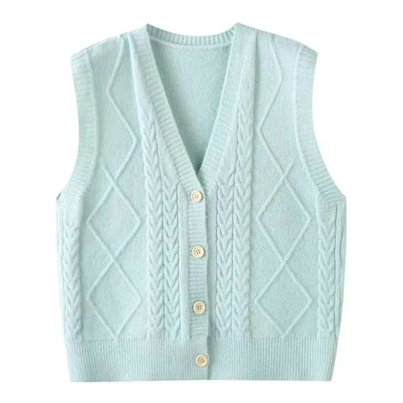 Women's Knit Vest with V-Neck, Cable and Diamond Pattern, Black