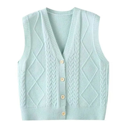 Women's Knit Vest with V-Neck, Cable and Diamond Pattern, Black
