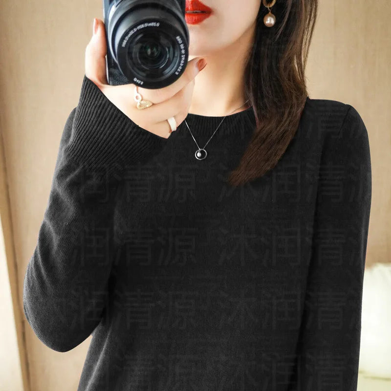 Damen Rundhals Pullover Langarm Basic Strickpullover