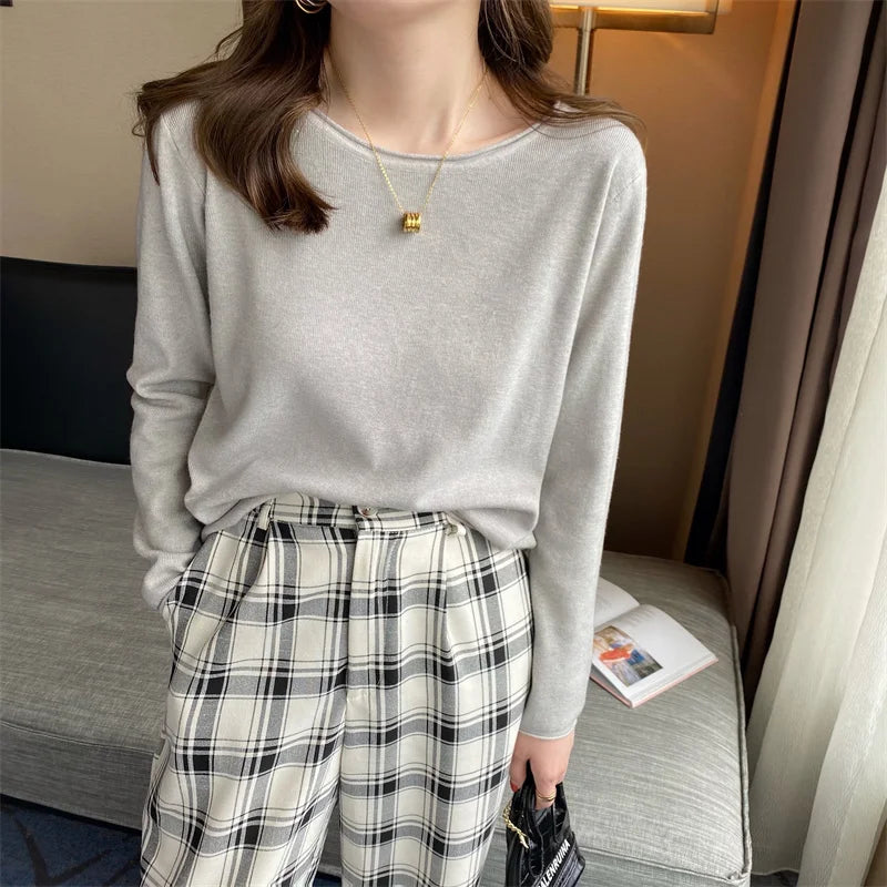 Damen Langarm Oberteil Rundhals Pullover Mehrfarbig