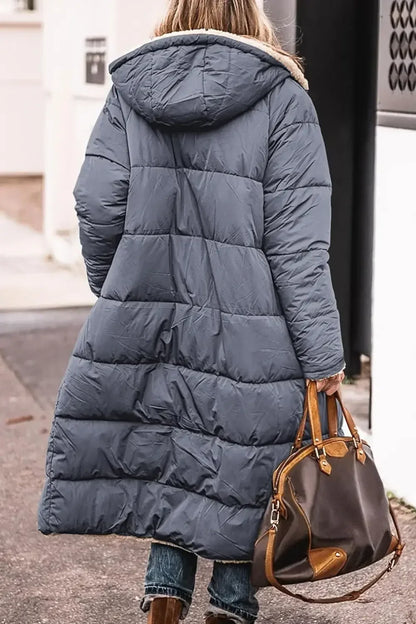Long women's quilted coat with teddy lining & hood - Warmly lined winter coat