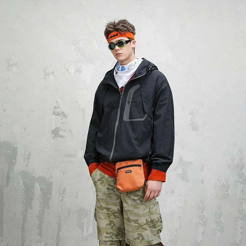 Unisex Leichte Kapuzenjacke Windbreaker mit Reißverschlusstasche