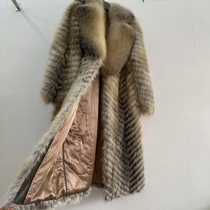 Long women's faux-fur coat with chevron pattern, warm winter coat