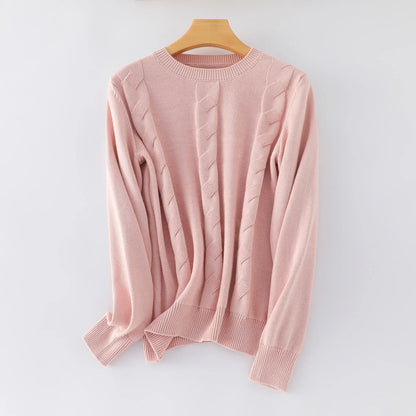 Women's Crew-Neck Knit Sweater with Cable-Knit Pattern