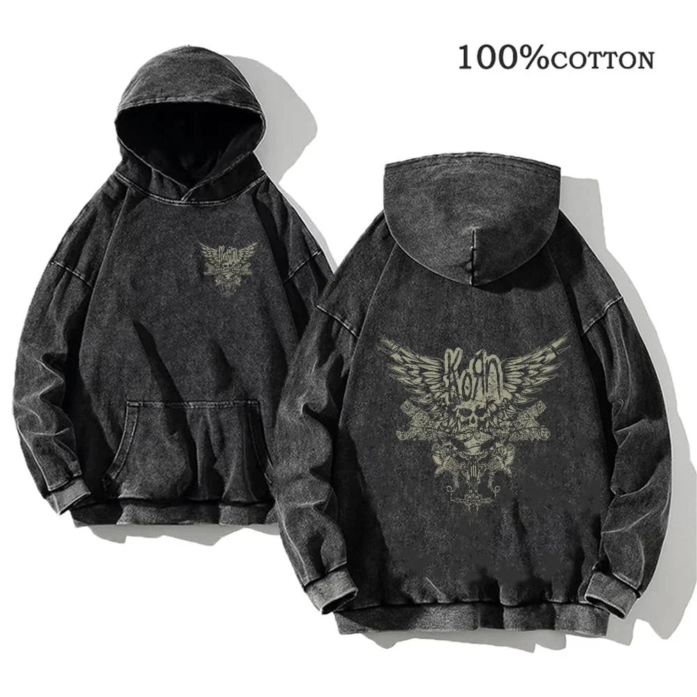 Hoodie Schwarz Grau Washed Oversize mit Band-Print Vorn & Hinten