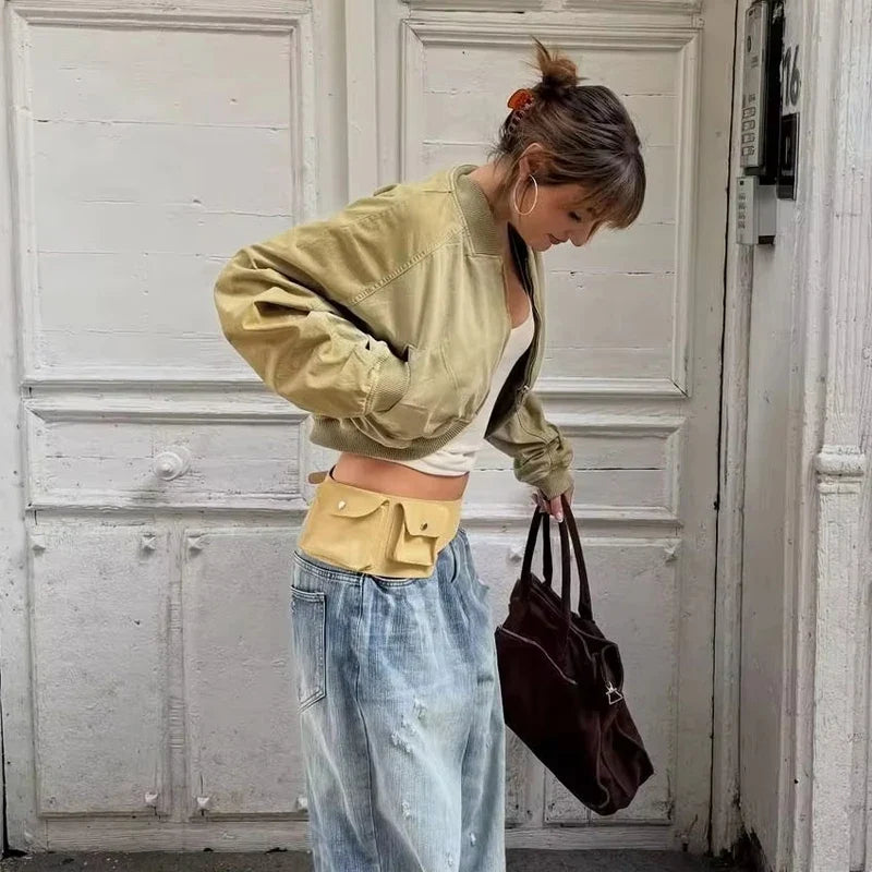 Kurze Bomberjacke für Damen, Beige/Grün