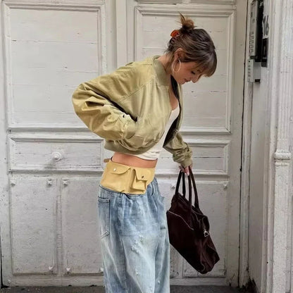 Kurze Bomberjacke für Damen, Beige/Grün