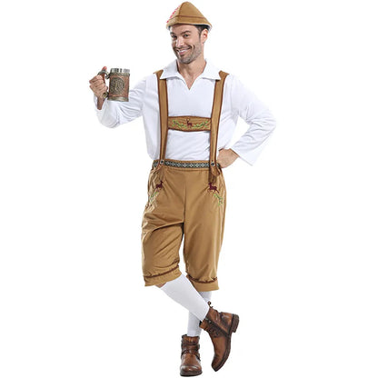 Men's Oktoberfest Costume Lederhosen Suspenders Shirt and Hat Set