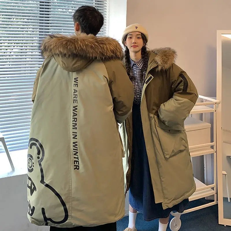 Unisex long winter parka with hood and fur trim, two-tone