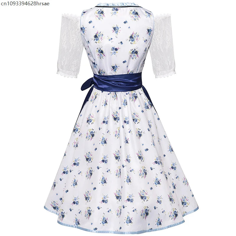Blue and white dirndl traditional dress with floral pattern & apron