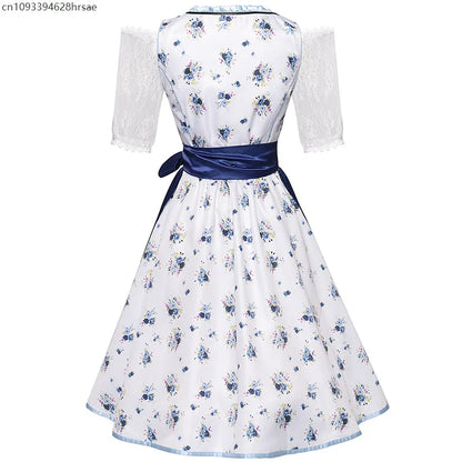 Blue and white dirndl traditional dress with floral pattern & apron