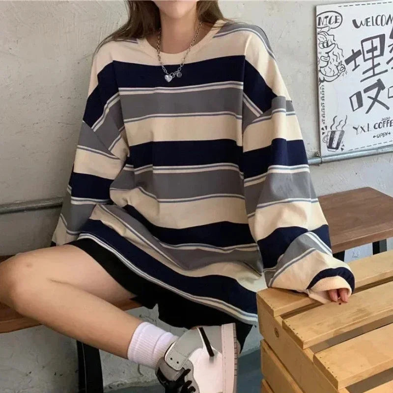 Women's striped oversized crew-neck long-sleeve shirt, casual top