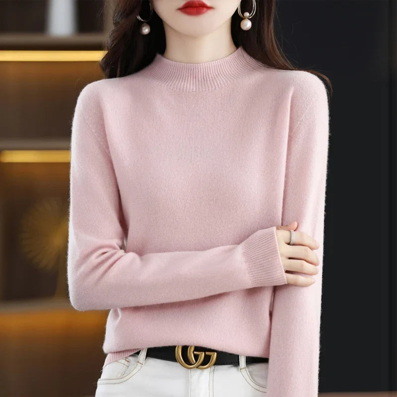 Women's sweater with stand-up collar, long-sleeved, fine-knit basic top