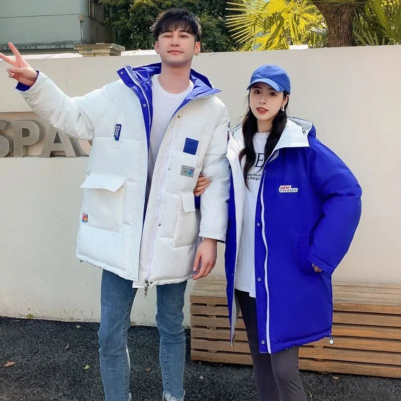 Unisex Winter Steppjacke lang gefüttert mit Kapuze Schwarz Blau