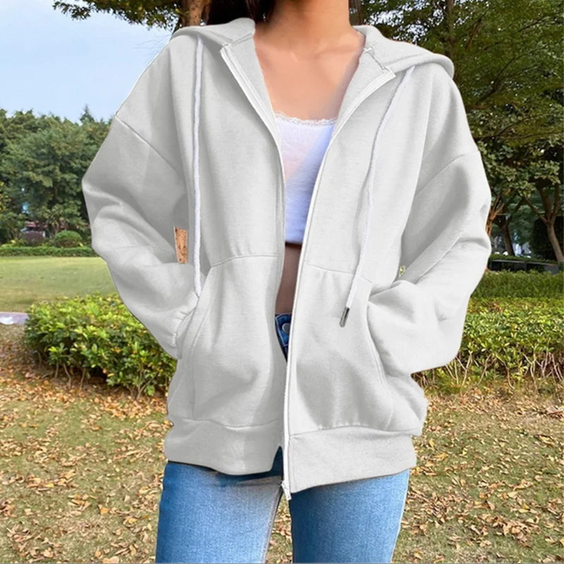 Women's Zip-Up Hoodie Jacket with Hood, Loose Fit