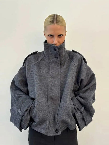 Short women's jacket with stand collar, gray and black, oversized