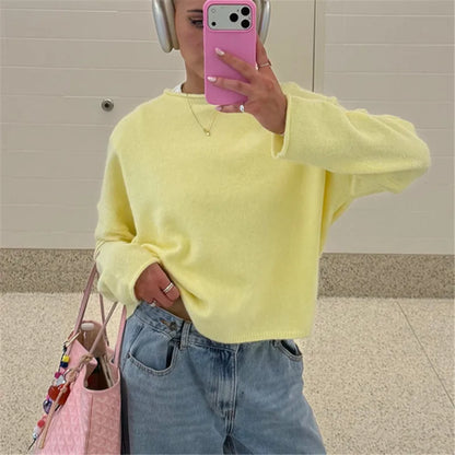 Gelber Oversized Pullover Damen Langarm Rundhals Feinstrick