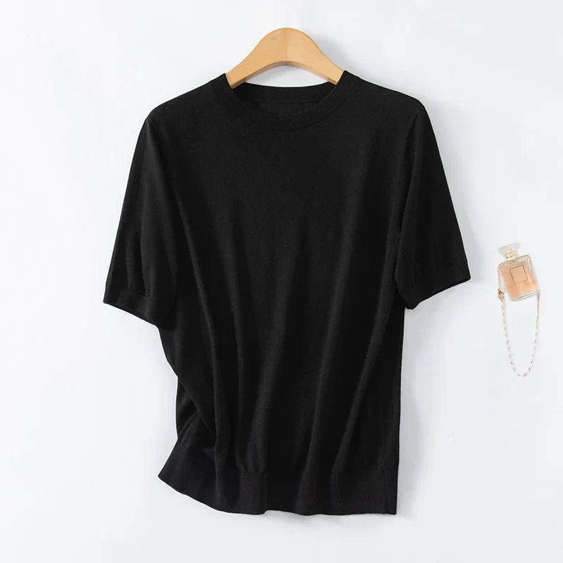 Women's short-sleeve knitted sweater, crew neck, soft sweater top