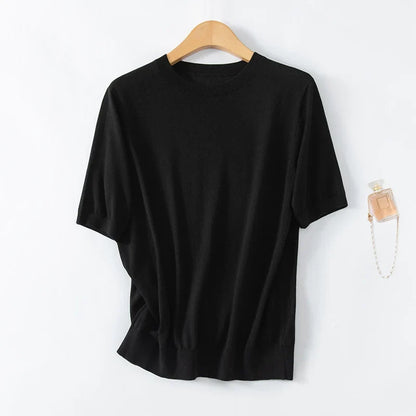 Women's short-sleeve knitted sweater, crew neck, soft sweater top
