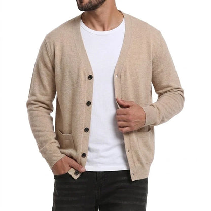 Men's V-neck cardigan with buttons and pockets, heathered look