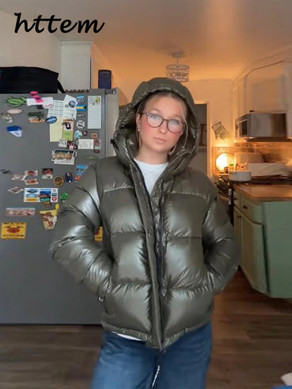 Women's shiny olive green quilted jacket with hood