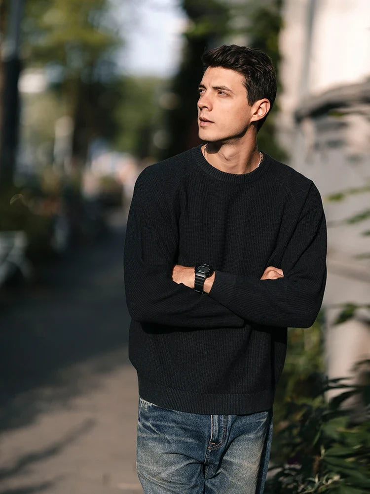 Men's blue ribbed crew-neck knit sweater, long sleeves
