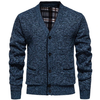 Herren Strickjacke V-Ausschnitt Knopfleiste Mottiert Grau