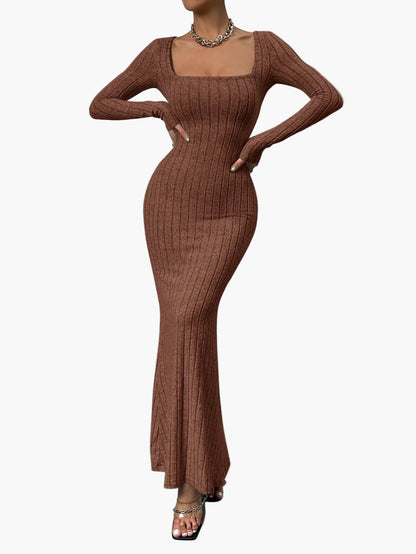 Damen Maxikleid mit Rippenstruktur und langem Arm – Elegantes, figurbetontes Abendkleid für stilvolle Anlässe