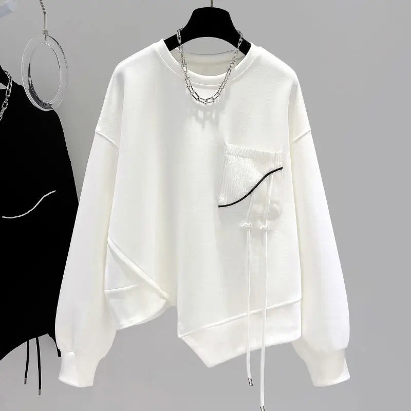 Women's Crew-Neck Sweatshirt with Asymmetrical Hem and Decorative Drawstrings