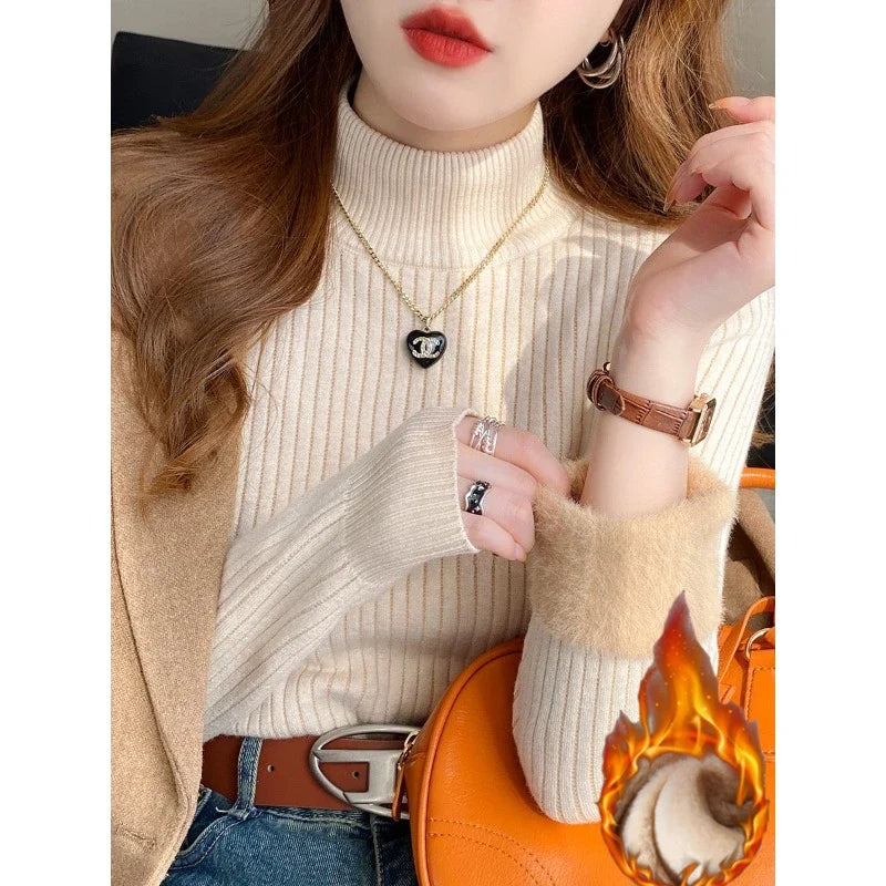 Damen Rollkragen Rippstrick Pullover mit Plüschfutter