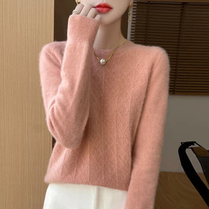 Women's crew-neck knitted sweater with diamond pattern long sleeves