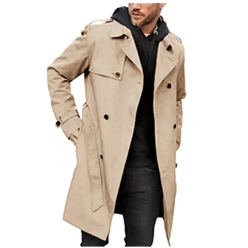 Herren Trenchcoat Zweireiher Mittellang mit Gürtel Klassischer Mantel