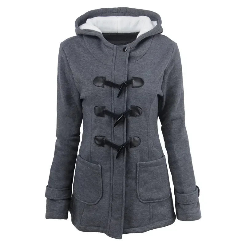 Damen Dufflecoat Schwarz mit Kapuze und Knebelverschlüssen, warm gefüttert